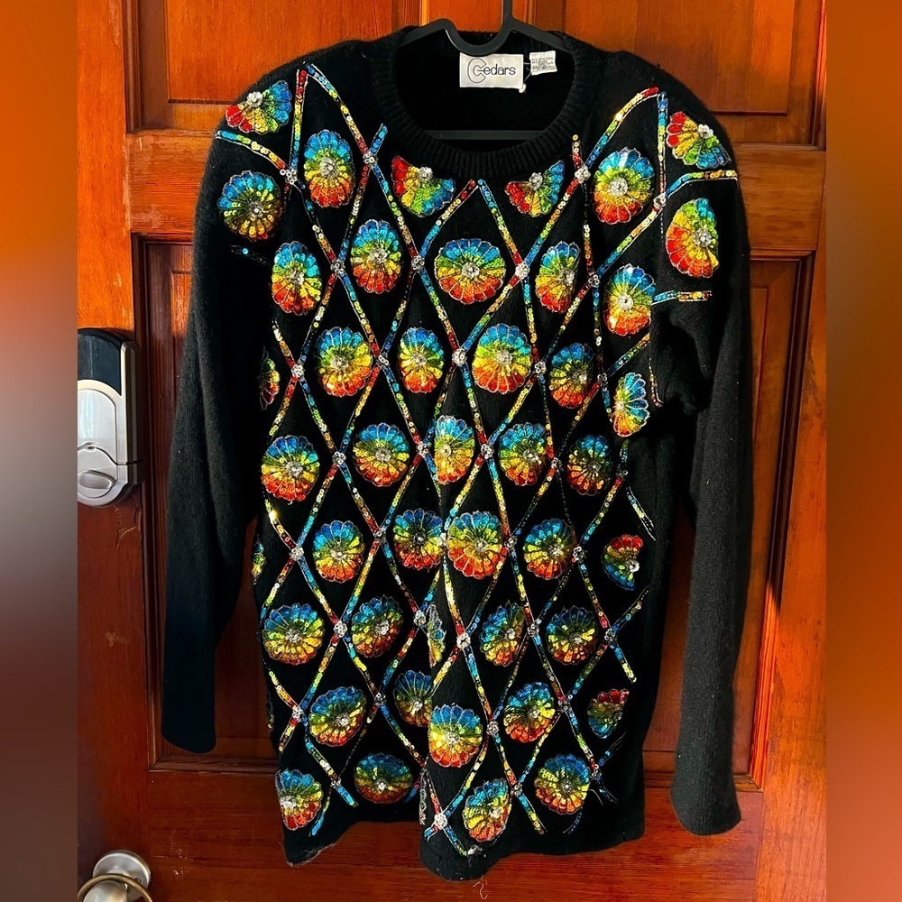 Vintage Sequin Sweater Dress 80s Black Lambswool Angora Knit, Rainbow Size M